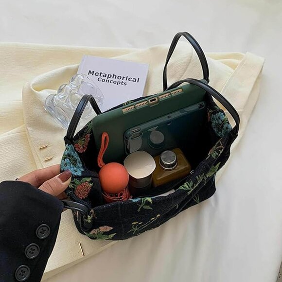 Black Floral Embroidered Canvas Tote Bag for Women, Small Reusable Casual Crossb - Picture 4 of 6